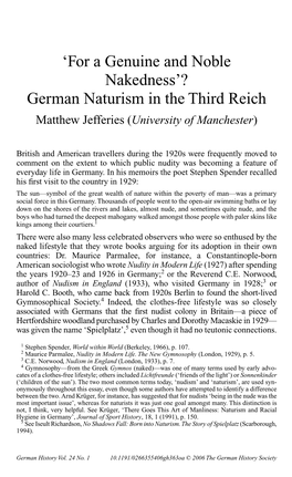 'For a Genuine and Noble Nakedness'? German Naturism In