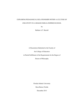 Exploring Pedagogical Relationships Within a Culture of Creativity in a Reggio Emilia-Inspired School