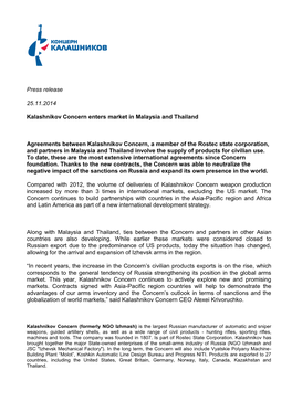 Press Release 25.11.2014 Kalashnikov Concern Enters Market