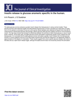 Insulin Release Is Glucose Anomeric Specific in the Human