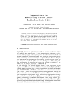 Cryptanalysis of the Speck Family of Block Ciphers Revision from October 9, 2013