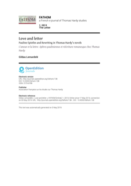 Love and Letter Pauline Epistles and Rewriting in Thomas Hardy’S Novels L’Amour Et La Lettre : Épîtres Pauliniennes Et Réécriture Romanesque Chez Thomas Hardy