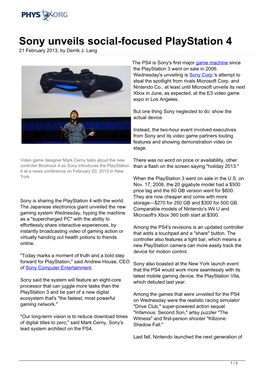 Sony Unveils Social-Focused Playstation 4 21 February 2013, by Derrik J