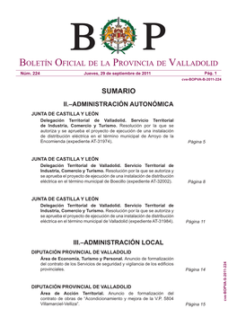 Boletín Oficial De La Provincia De Valladolid Sumario