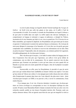 1 MAXIMILIEN RUBEL, UNE ŒUVRE EN TROP* Louis Janover La Terre La Plus Étrange Sur Laquelle Aborde L'éternel Naufragé Des V