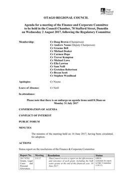 OTAGO REGIONAL COUNCIL Agenda for a Meeting of The