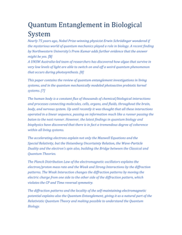 Quantum Entanglement in Biological System