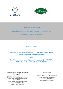 Singapore Joint Submission to the UN Universal Periodic Review 38Th Session of the UPR Working Group