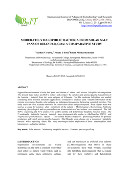 Moderately Halophilic Bacteria from Solar Salt Pans of Ribander, Goa: a Comparative Study