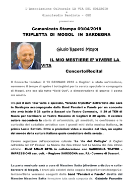 Comunicato Stampa 09/04/2018 TRIPLETTA DI MOGOL in SARDEGNA