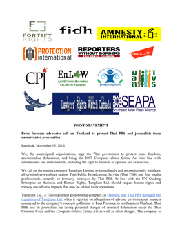 JOINT STATEMENT Press Freedom Advocates Call on Thailand To