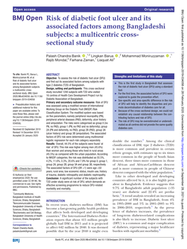 Risk of Diabetic Foot Ulcer and Its Associated Factors Among Bangladeshi Subjects: a Multicentric Cross-­ Sectional Study