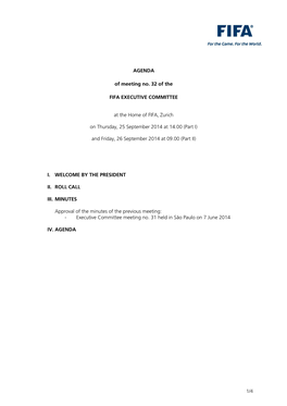 AGENDA of Meeting No. 32 of the FIFA EXECUTIVE COMMITTEE at The