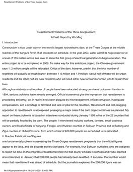 Resettlement Problems of the Three Gorges Darn