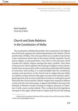 Church and State Relations in the Constitution of Malta