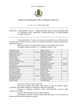 Protezione Civile – Approvazione Della Convenzione Per Il Rinnovo Del Servizio Intercomunale Di Protezione Civile 2010/2015