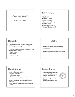 Electricity (Part I) Electrostatics in This Lecture Electricity Matter Electric Charge Electric Charge