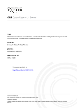 1 Chemical Composition of Zircons from the Cornubian Batholith of SW England And