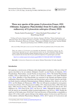 Odonata: Zygoptera: Platystictidae) from Sri Lanka and the Rediscovery of Ceylonosticta Subtropica (Fraser, 1933)