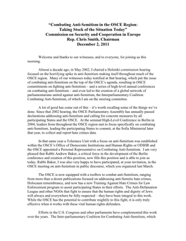 Combating Anti-Semitism in the OSCE Region: Taking Stock of the Situation Today” Commission on Security and Cooperation in Europe Rep