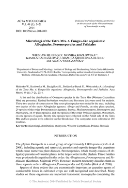 Microfungi of the Tatra Mts. 6. Fungus-Like Organisms: Albuginales, Peronosporales and Pythiales