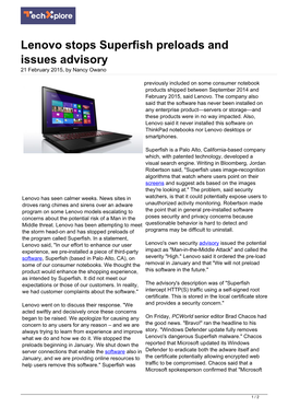 Lenovo Stops Superfish Preloads and Issues Advisory 21 February 2015, by Nancy Owano