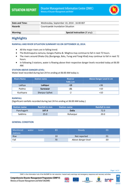 This Situation Report Report Is Prepared by DMIC, CDMP II