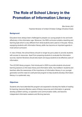 The Role of School Library in the Promotion of Information Literacy