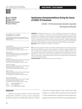 COVID-19 Pnömonisinde Görülen Spontan Hemopneumotoraks Spontaneous Hemopneumothorax During the Course of COVID-19 Pneumonia