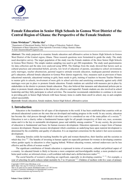 Female Education in Senior High Schools in Gomoa West District of the Central Region of Ghana: the Perspective of the Female Students