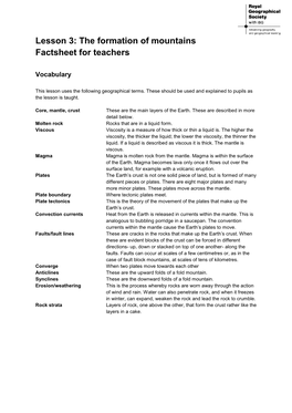 Lesson 3: the Formation of Mountains Factsheet for Teachers