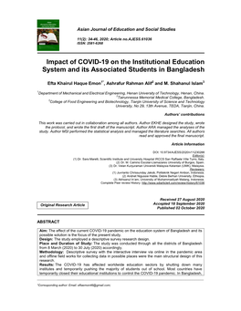 Impact of COVID-19 on the Institutional Education System and Its Associated Students in Bangladesh