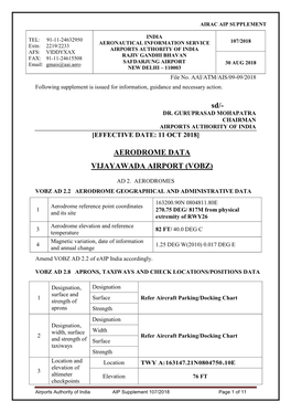 Aerodrome Data Vijayawada Airport (Vobz)