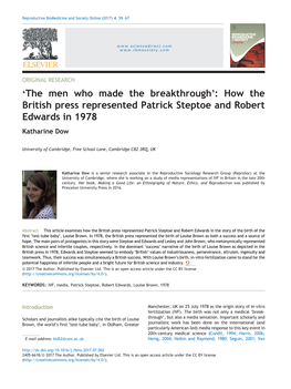 How the British Press Represented Patrick Steptoe and Robert Edwards in 1978 Katharine Dow