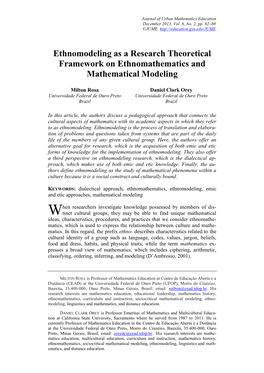 Ethnomodeling As a Research Theoretical Framework on Ethnomathematics and Mathematical Modeling