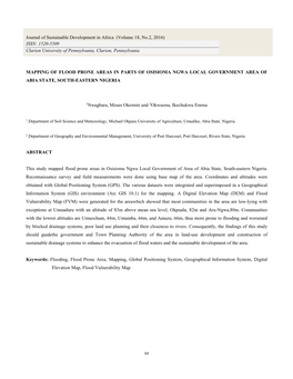 Mapping of Flood Prone Areas in Parts of Osisioma Ngwa Local Government Area of Abia State, South-Eastern Nigeria