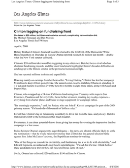 Clinton Lagging on Fundraising Front Page 1 of 3