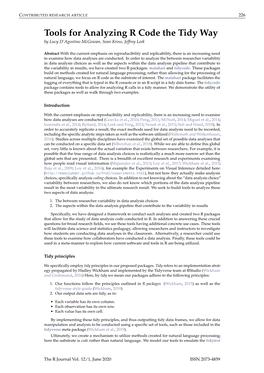 Tools for Analyzing R Code the Tidy Way by Lucy D’Agostino Mcgowan, Sean Kross, Jeffrey Leek