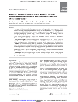 Apricoxib, a Novel Inhibitor of COX-2, Markedly Improves Standard Therapy Response in Molecularly Deﬁned Models of Pancreatic Cancer