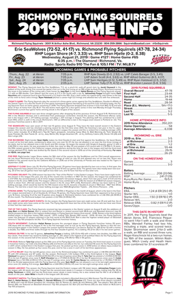 Vs. Richmond Flying Squirrels (47-78, 24-34) RHP Logan Shore (4-7, 3.33) Vs