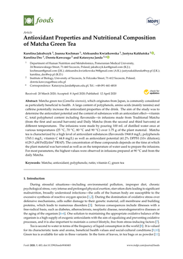 Antioxidant Properties and Nutritional Composition of Matcha Green Tea