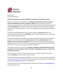 April 29, 2016 for Immediate Release GEF Seniors Housing Raises More