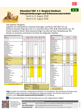 Düsseldorf Hbf Bergisch Gladbach Fahrplanänderungen Und Schienenersatzverkehr Nacht 4./5. August 2018 Nacht 5./6. Augu