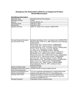 Janssen COVID-19 Vaccine EUA FDA Review Memorandum