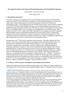 Developing Economies, International Financial Integration, and Sustainable Development Gary Dymski, University of Leeds1 25 November 2018 1