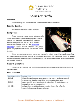 Solar Car Derby Overview: Students Design and Assemble Model Solar Cars and Race Them on a Track