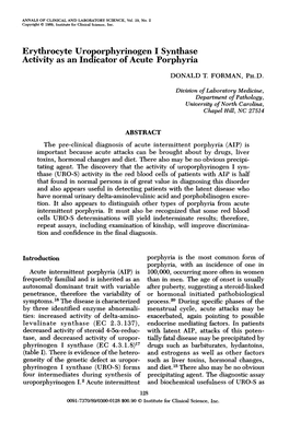 Erythrocyte Uroporphyrinogen I Synthase Activity As an Indicator of Acute Porphyria