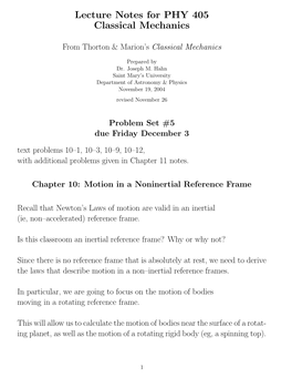 Lecture Notes for PHY 405 Classical Mechanics