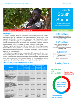 SOUTH SUDAN SITUATION REPORT 31 August 2018