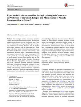 Experiential Avoidance and Bordering Psychological Constructs As Predictors of the Onset, Relapse and Maintenance of Anxiety Disorders: One Or Many?